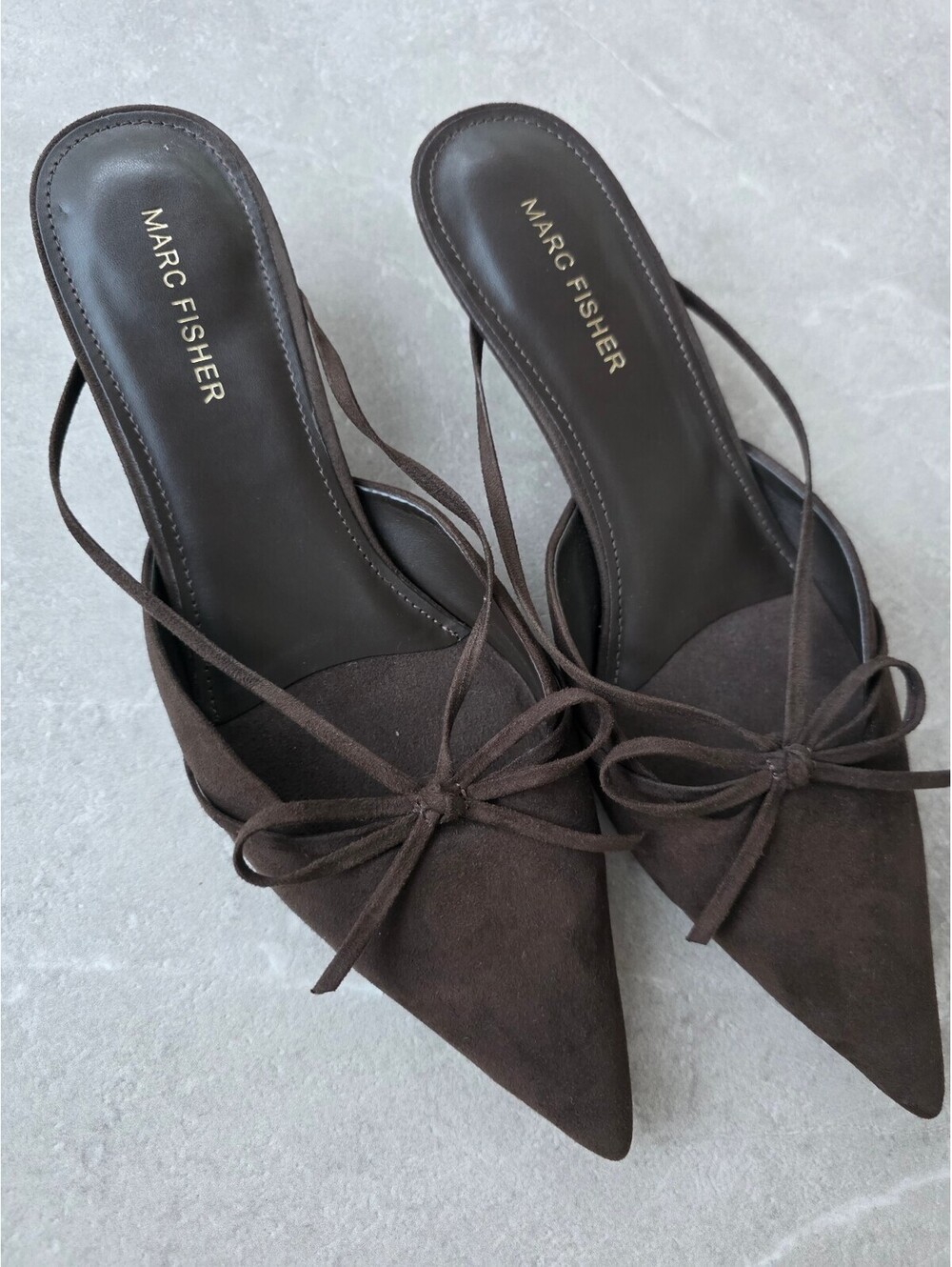 8.5 - Marc Fisher Brown Suede Pointed Toe Kitten Heel Mules with Bow Detail